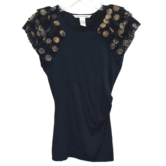 Diane von Furstenberg DVF Black Thanetta Silk Feather Shoulder Accent Top Size S - Picture 1 of 12